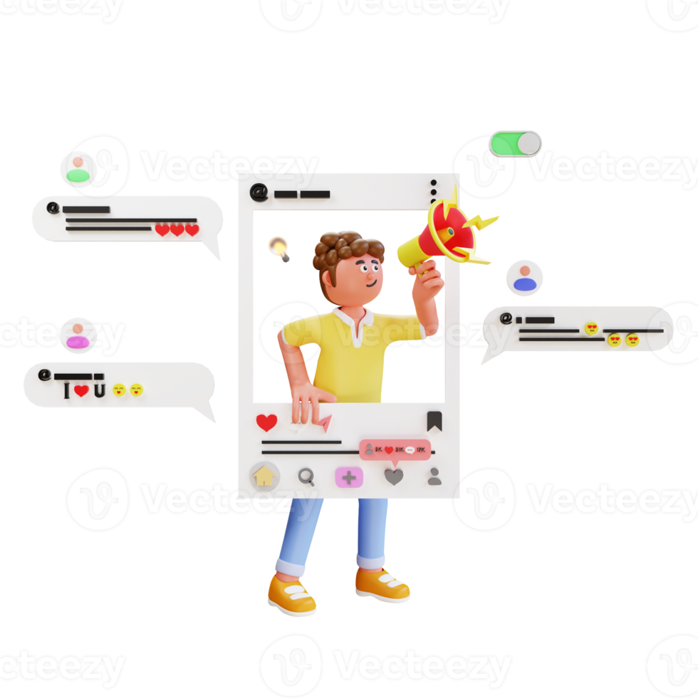 3d karakter persoon aan het doen sociaal media digitaal afzet png