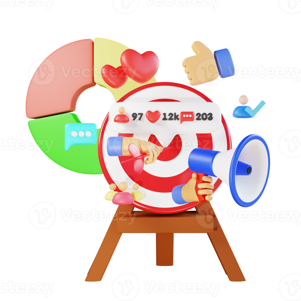 3d render social media marketing with arrowbulls eye and megaphone png
