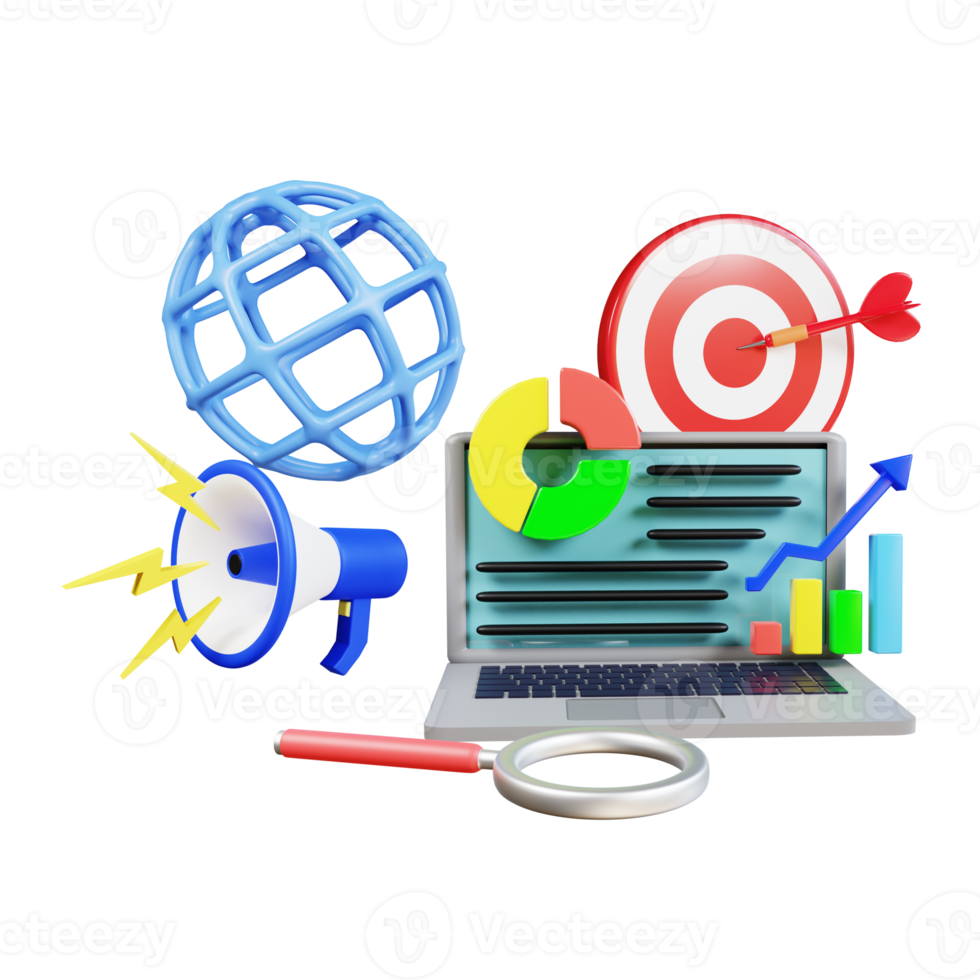 3d geven digitaal afzet met laptop megafoon en pijlstieren oog png