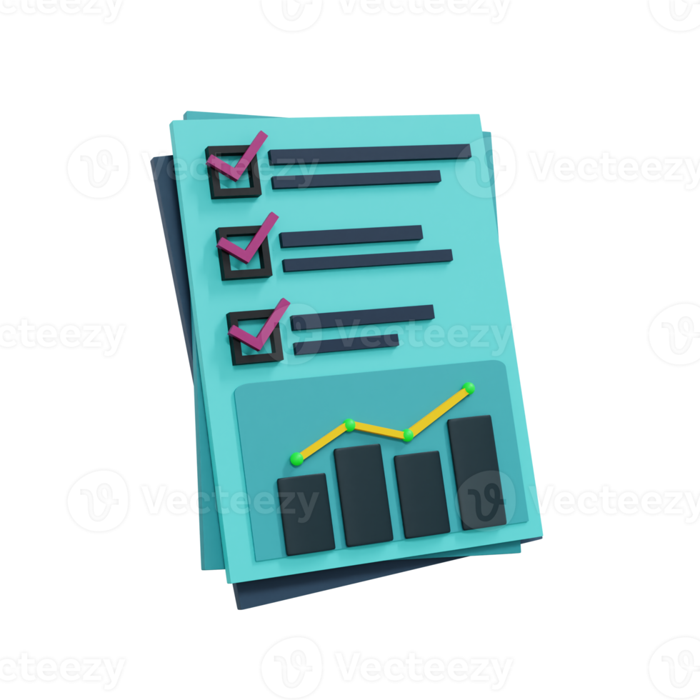 3d Bar chart in document paper illustration. Diagram icon for presentation or sharing data. Realistic and high resolution photo. -3D rendering png