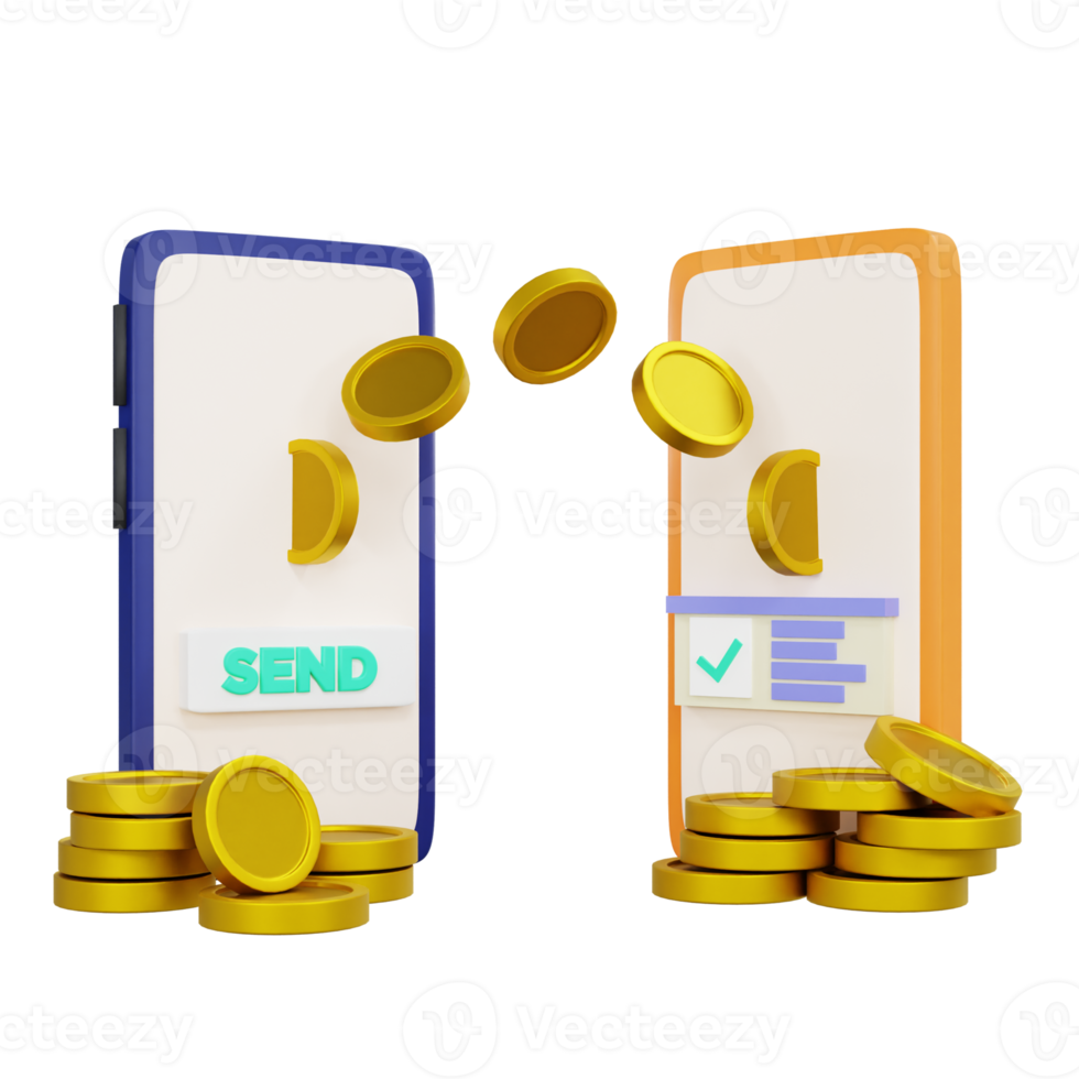 3d Transfer money illustration concept, sending money via mobile apps, mobile banking with gold coin icon. 3d rendering png