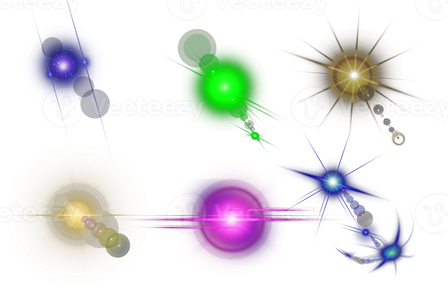 satz bunte transparente lichtlinsenfackeln, realistische lichtausbrüche, sammlung farbiger lichter png