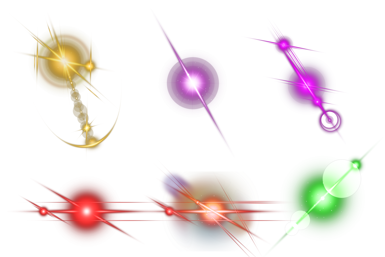 conjunto de bengalas de lentes de luz transparentes y coloridas, colección realista de ráfagas de luz, colección de luces de colores png