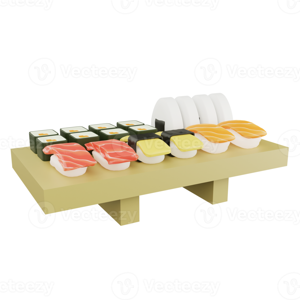 Sushi de representación 3D en bandeja de sushi aislado sobre fondo transparente png