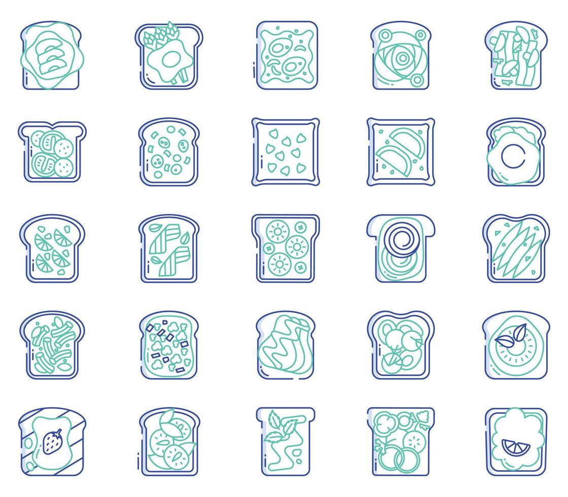 toast toppings, bread slices Toast toppings icon set vector