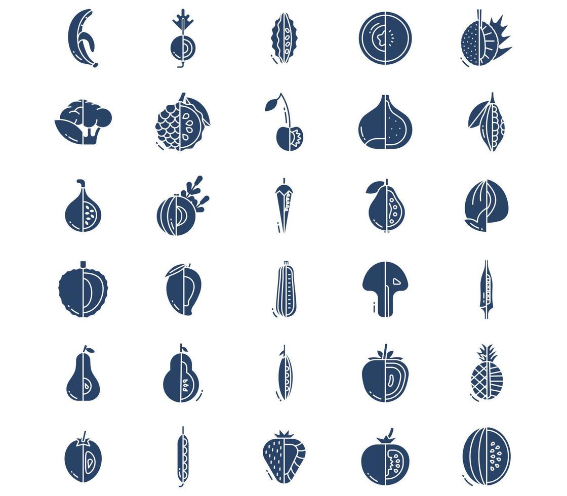Fruits and vegetables, sliced icon set vector