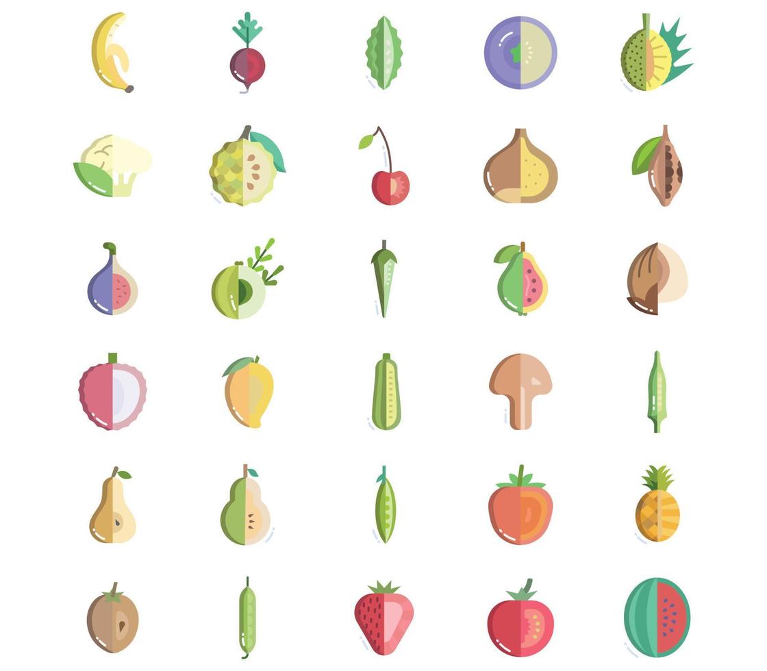 Fruits and vegetables, sliced icon set vector