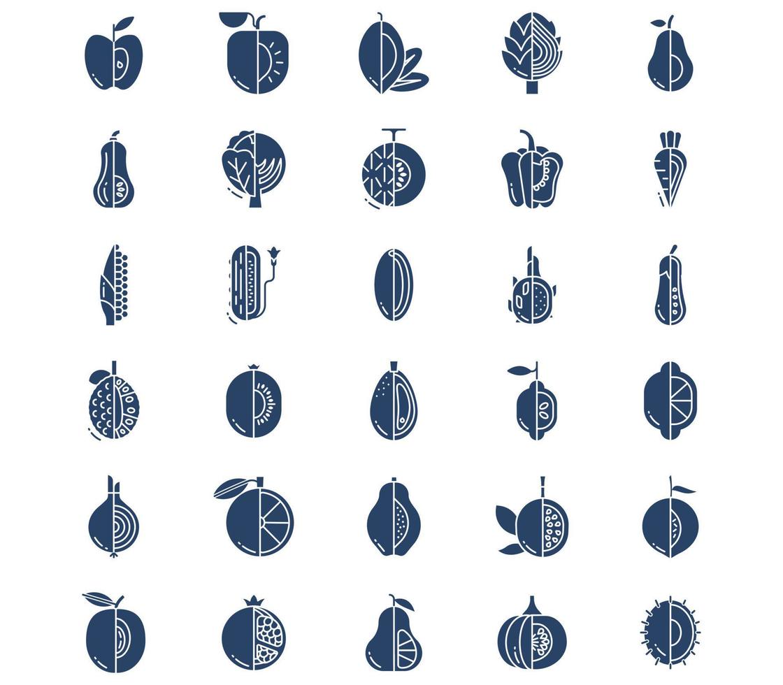 frutas y verduras, conjunto de iconos en rodajas vector