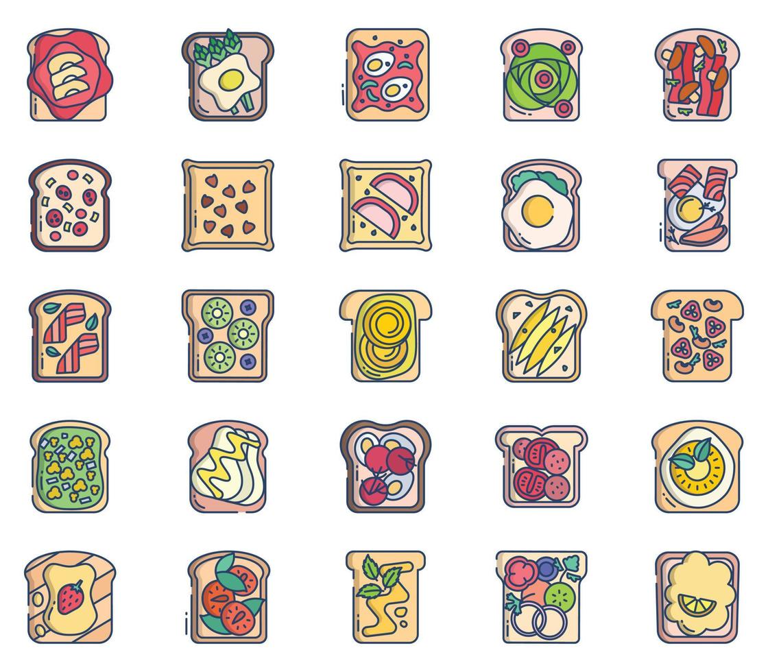 toast toppings, bread slices Toast toppings icon set vector