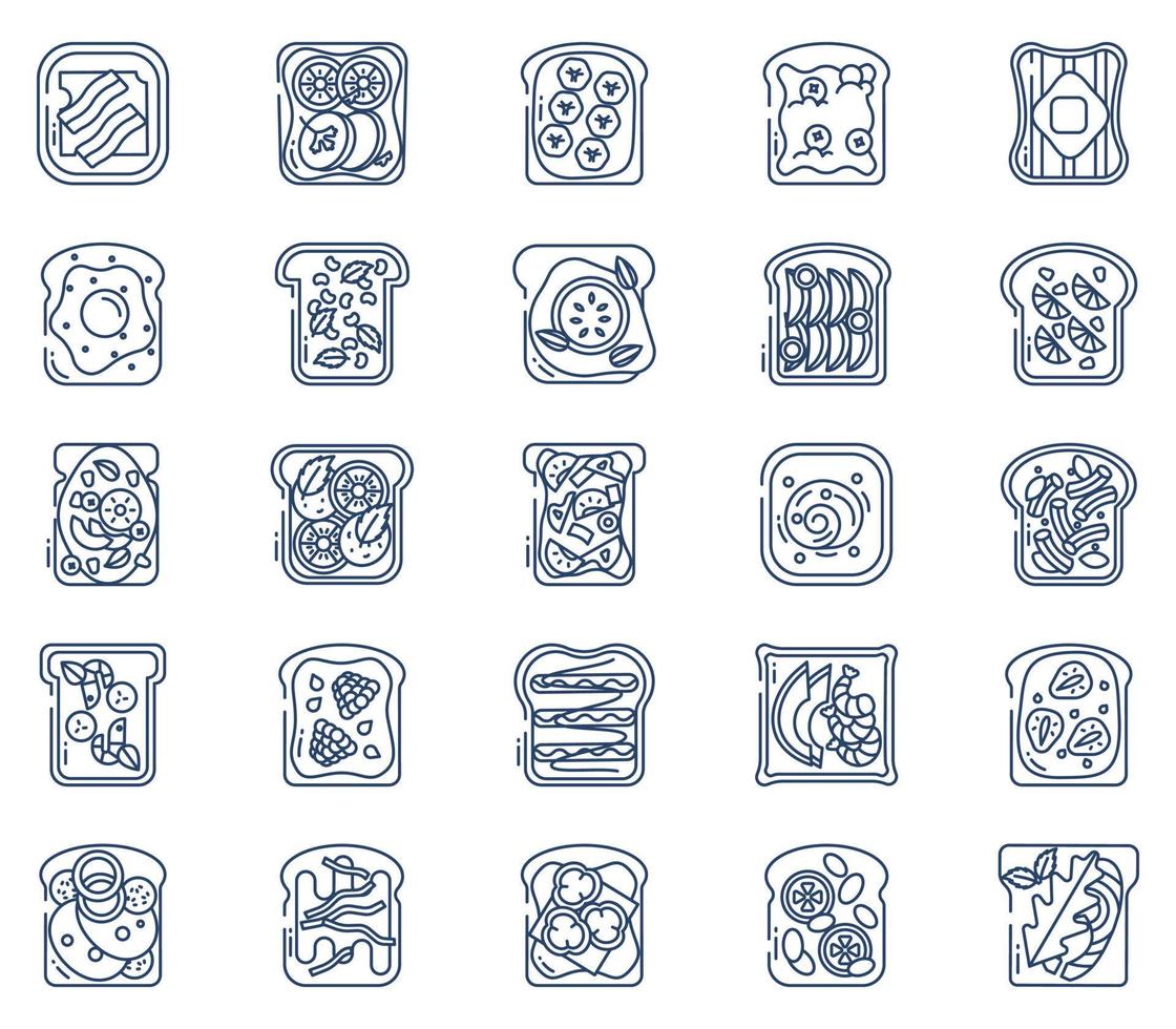 toast toppings, bread slices Toast toppings icon set vector