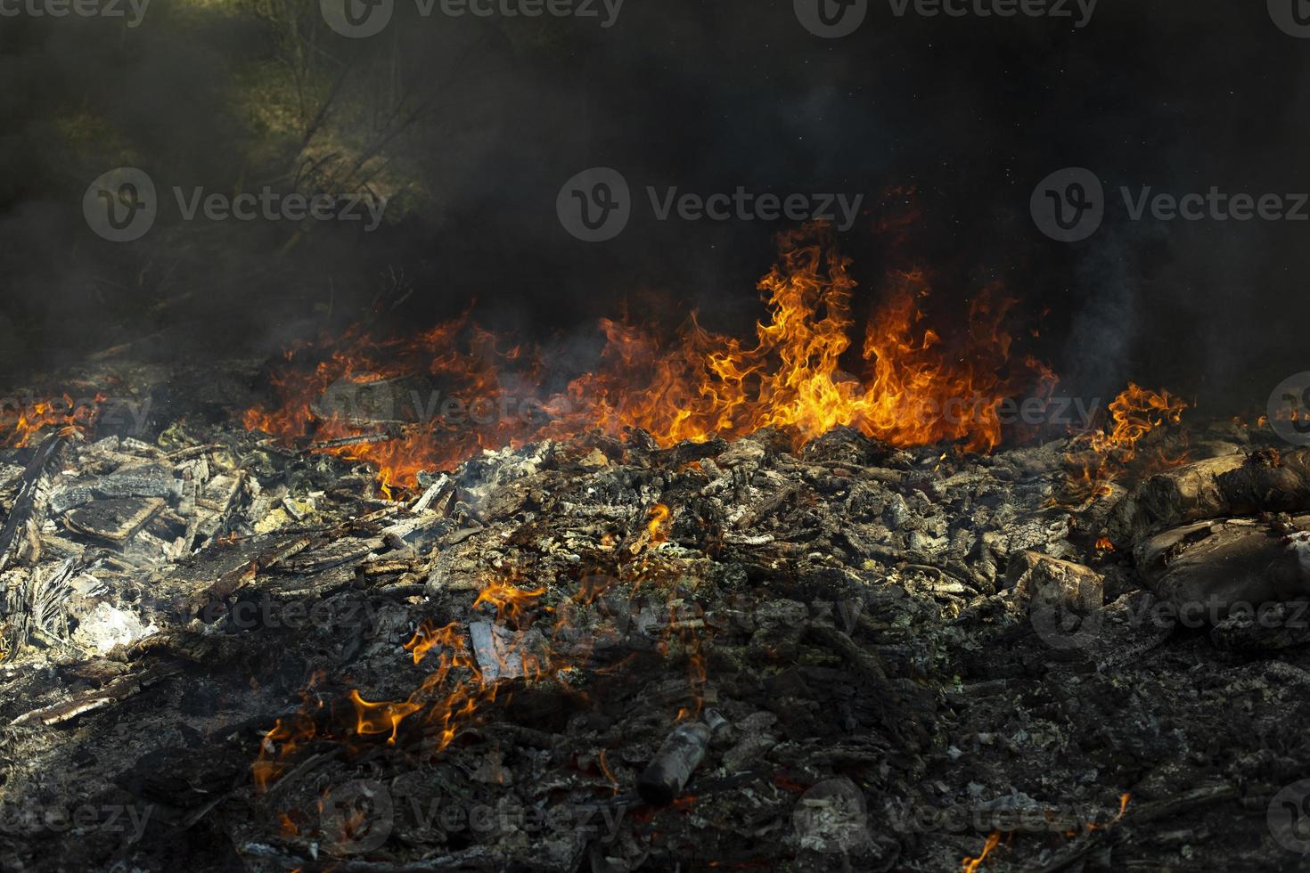 Fire and black smoke. Fire in landfill. Smoke in forest. Illegal landfill. photo