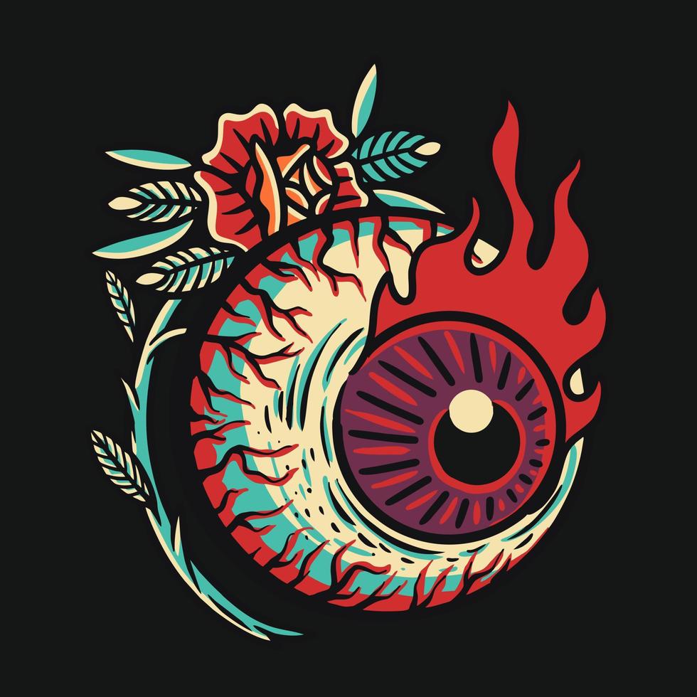 ilustración retro del tatuaje de la flor del globo ocular vector