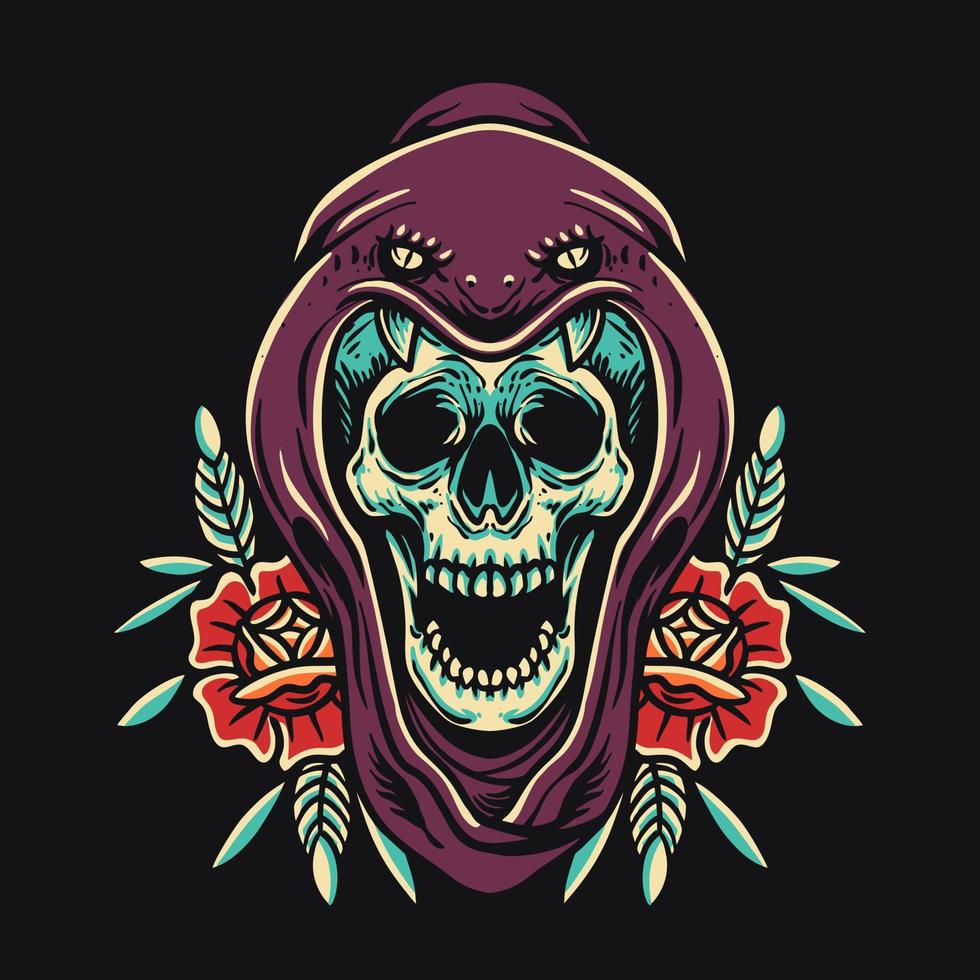Grim Reaper Snake and Flower Retro Vector Ilustration