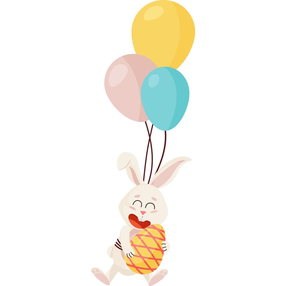 personaje de conejito. volando y riendo en tres globos divertido, feliz conejo de dibujos animados de pascua con huevo vector