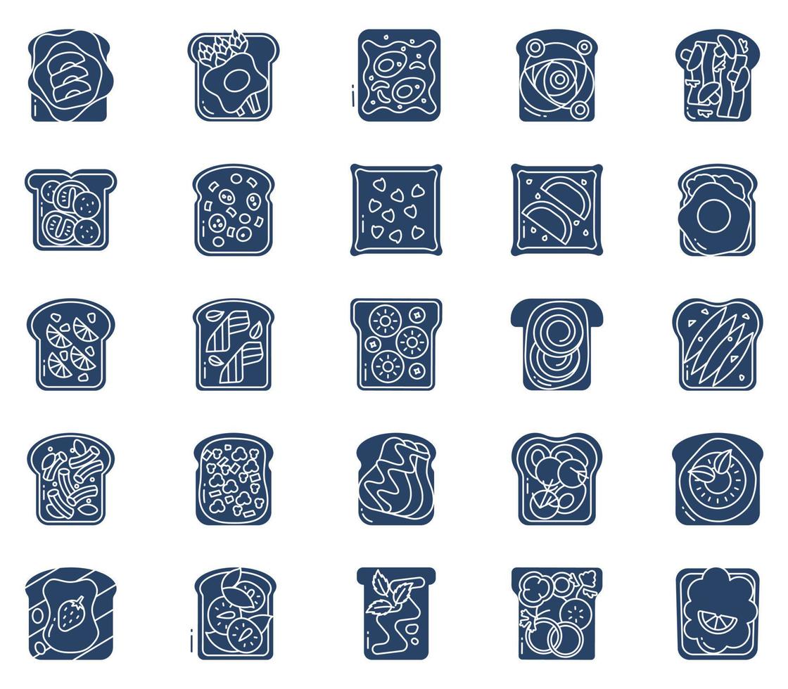 toast toppings, bread slices Toast toppings icon set vector