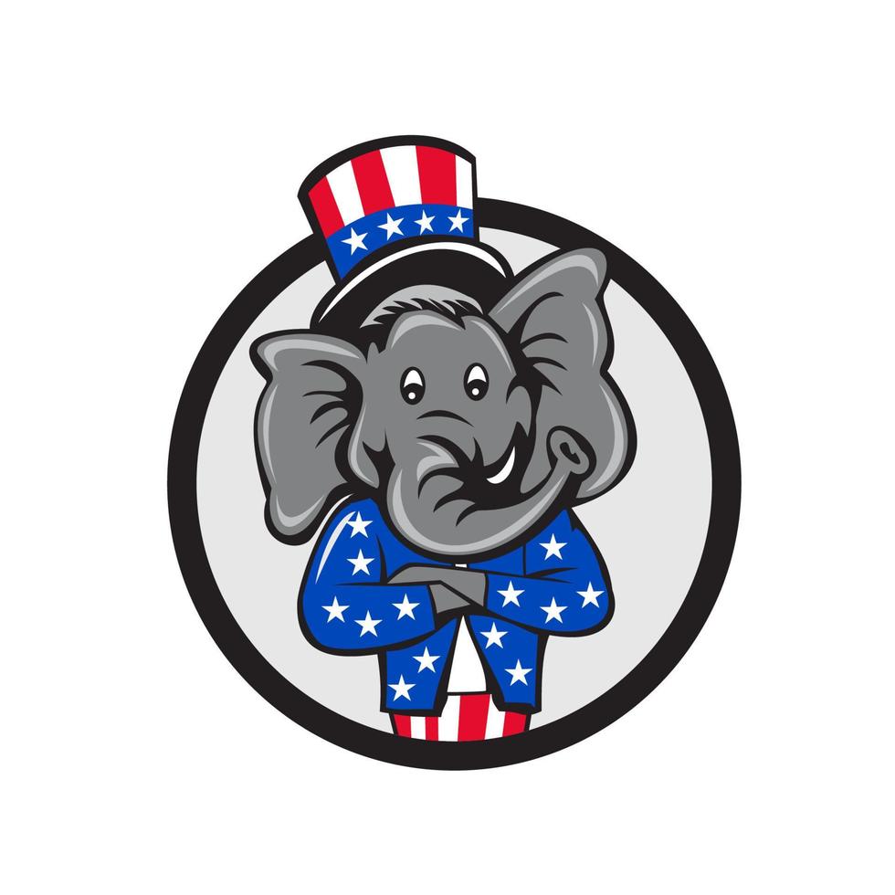 elefante republicano mascota brazos cruzados círculo dibujos animados vector