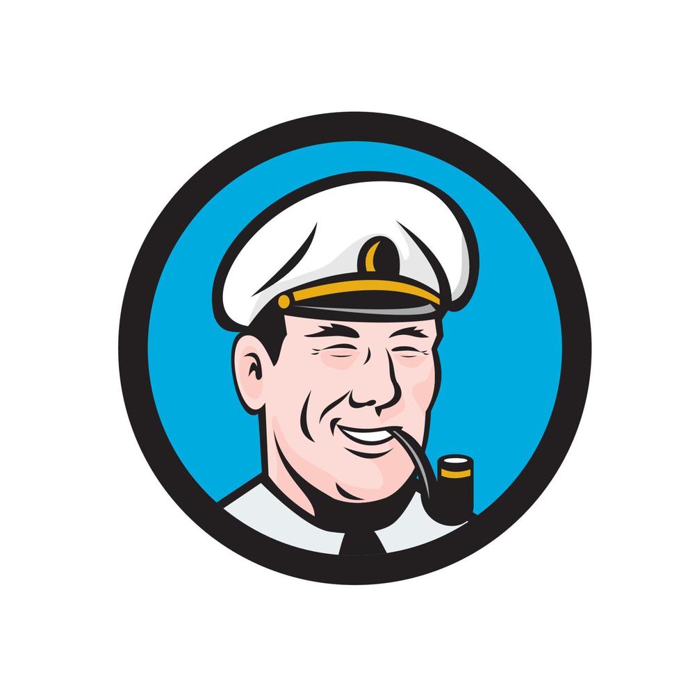 sonriente capitán de mar fumar pipa círculo retro vector