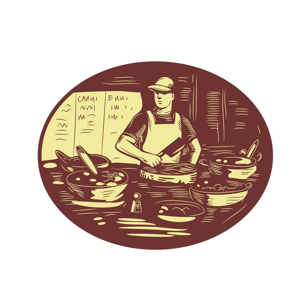 cocinero de tacos en puesto de comida oval retro vector