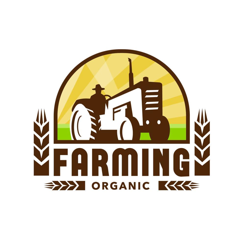 Tractor Wheat Organic Farming Crest Retro vector
