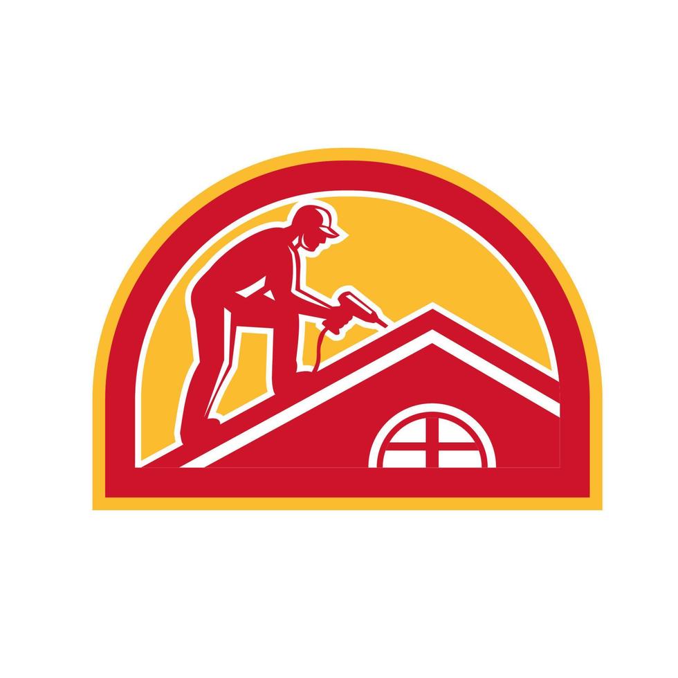 Roofer Working on Roof Half Circle Retro vector