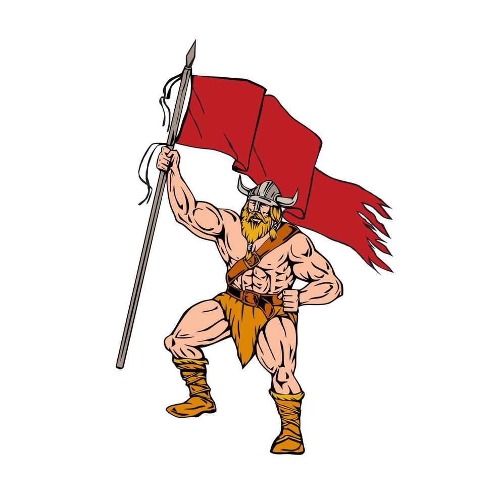 guerrero vikingo blandiendo bandera roja retro vector