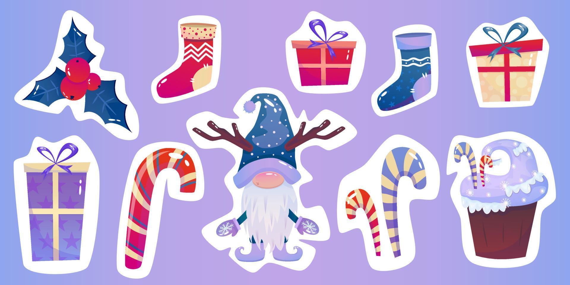 pegatina navideña con gnomo, regalo, pastel y acebo. pegatina de conjunto de elementos de ilustración de dibujos animados vectoriales. diseño de invierno de nieve de vacaciones vector