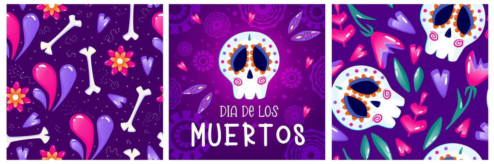 Muertos poster set, day dead with skull on purple background. Halloween costume. Cartoon vector illustration. Holiday Muertos background. Mexico catrina skeleton seamless pattern.