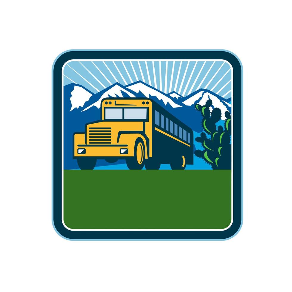 School Bus Cactus Mountains Square Retro vector
