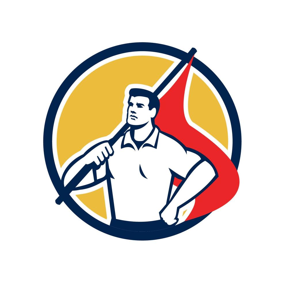 Union Worker Holding Flag Circle Retro vector