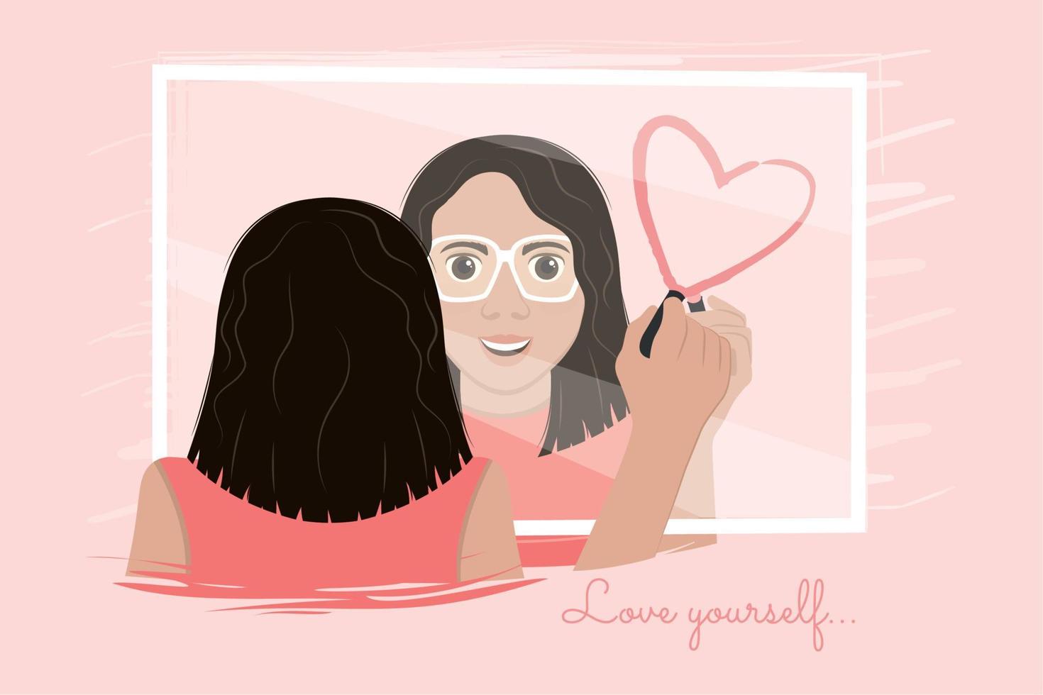 Girl with glasses looking at herself on mirror Self love Vector illustration