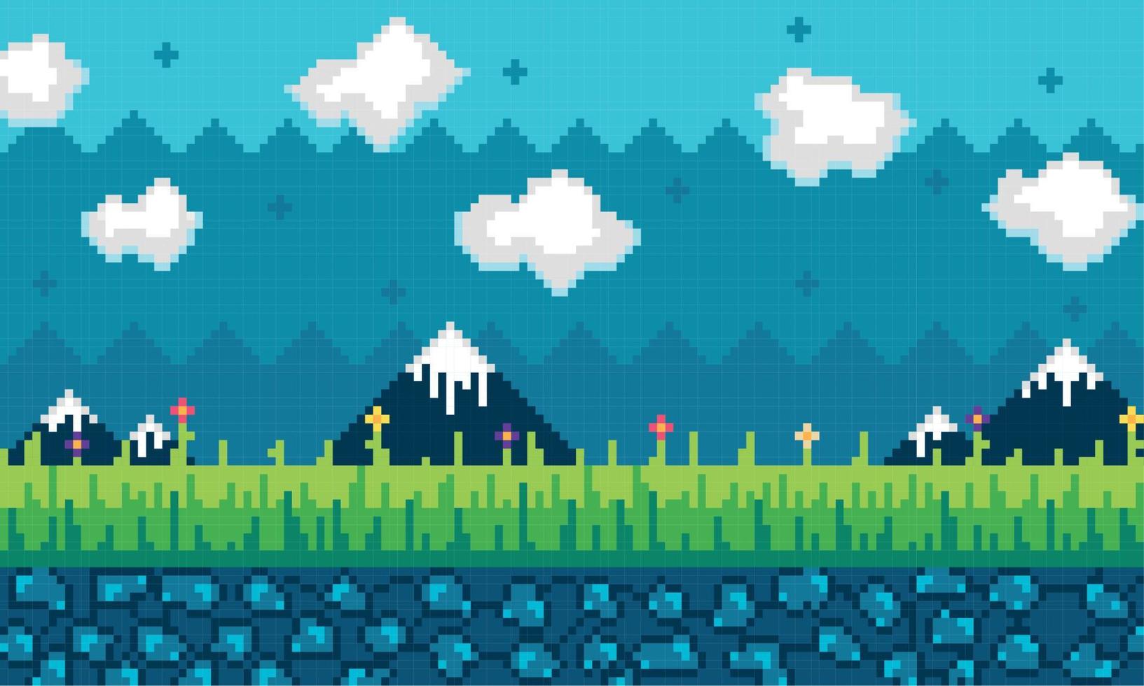 videogame scenary with mountains and flowers Vector Vector illustration