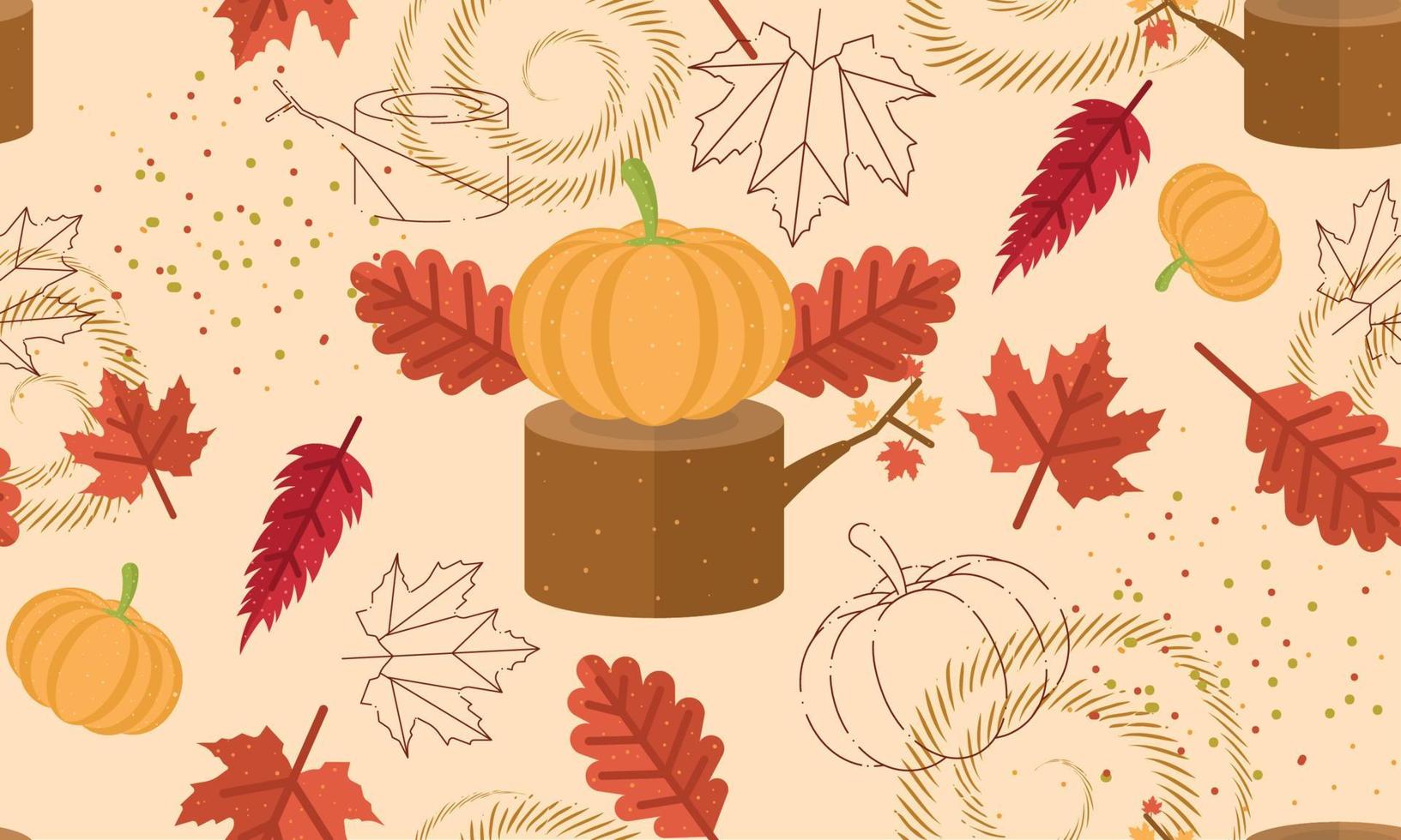 Colored autumn seamless pattern background with leaves and pumpkins Vector illustration