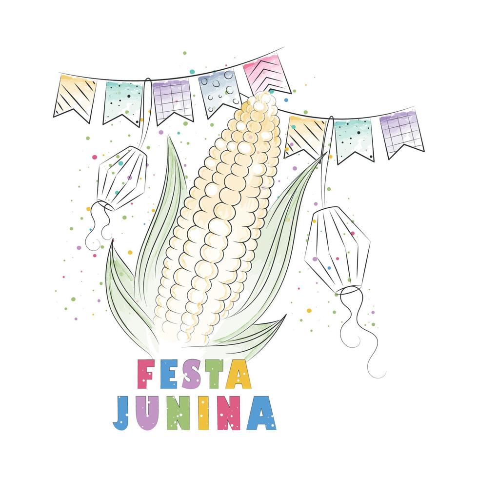 Watercolored corn with party decorations Festa Junina poster Vector illustration