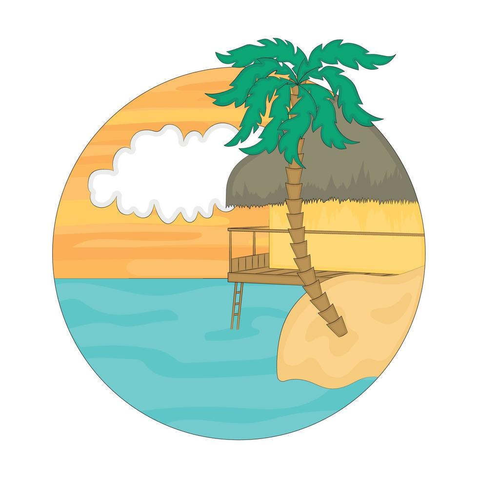 Watercolor beach landscape House on the sea and palm tree Vector Vector illustration