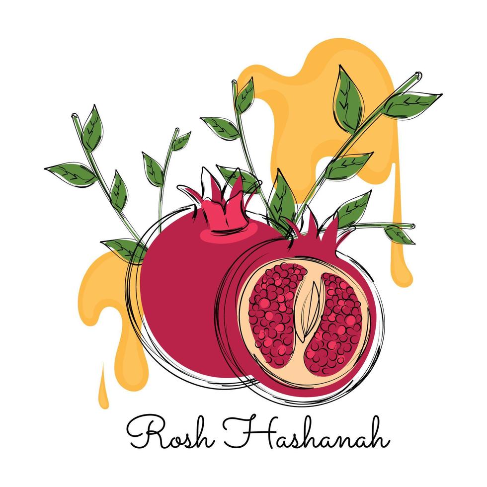Colored pair of pomegranate with honey and leaves Rosh Hashanah Vector illustration