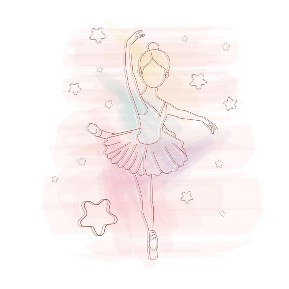 boceto de una bailarina de ballet sobre un fondo de acuarela con estrellas ilustración vectorial vector