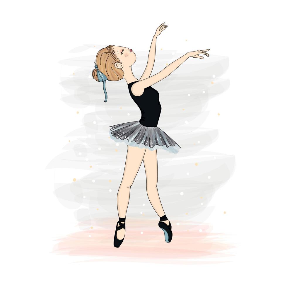 Cute female girl character with black tutu doing ballet exercises Vector illustration