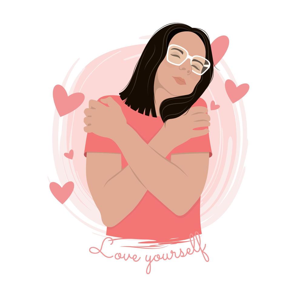 Cute girl with glasses hugging herself Self love Vector illustration