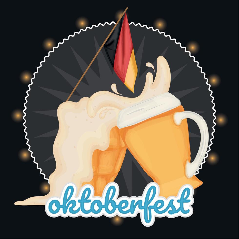 Pair of beer glasses with foam and flag of Germany Oktoberfest Vector illustration