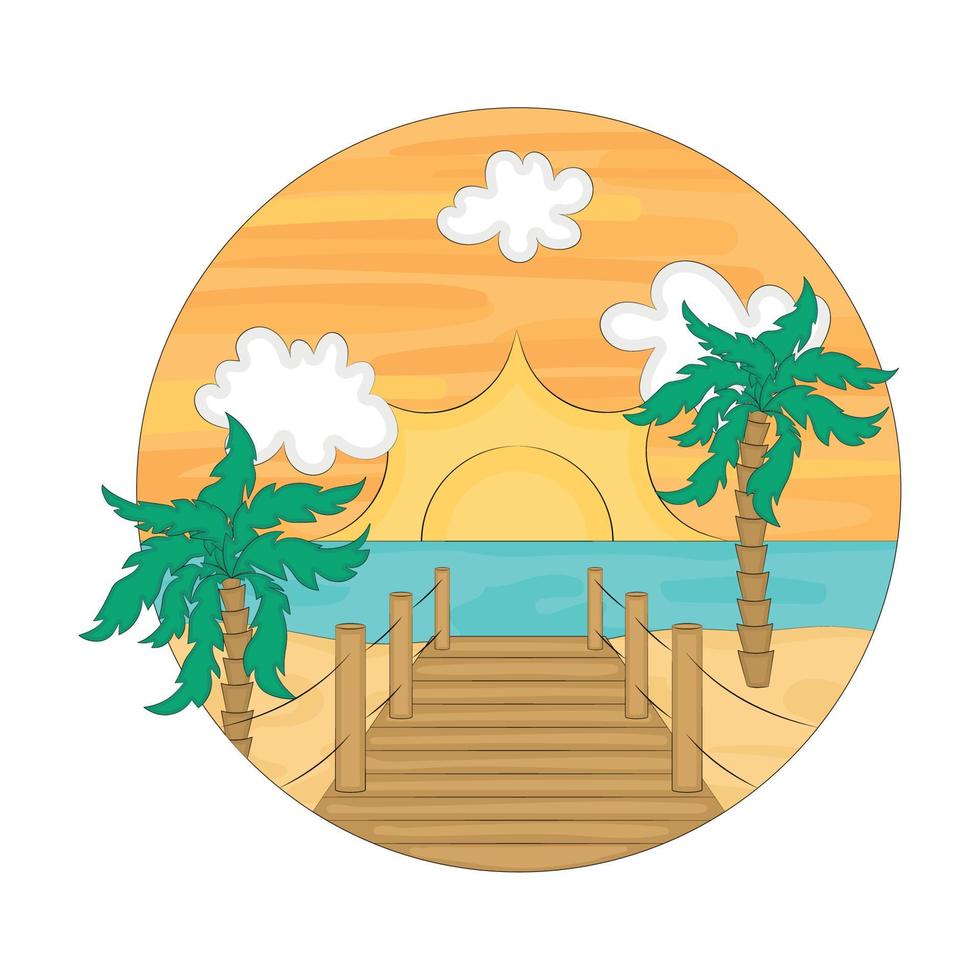 Wooden bridge in a watercolor beach landscape Vector illustration