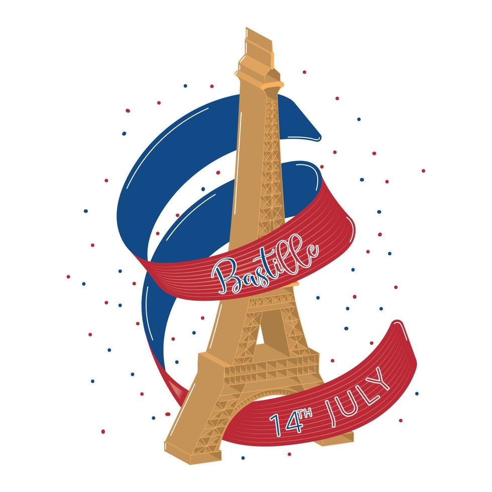 hito aislado del edificio de la torre eiffel con una ilustración del vector del día de la bastilla de la cinta