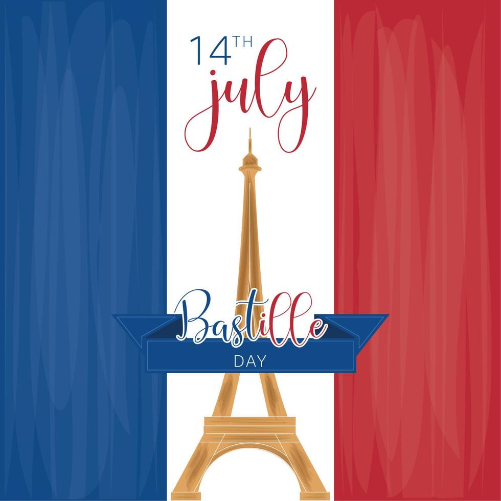 bandera de francia con la torre eiffel hito día de la bastilla ilustración vectorial del cartel vector