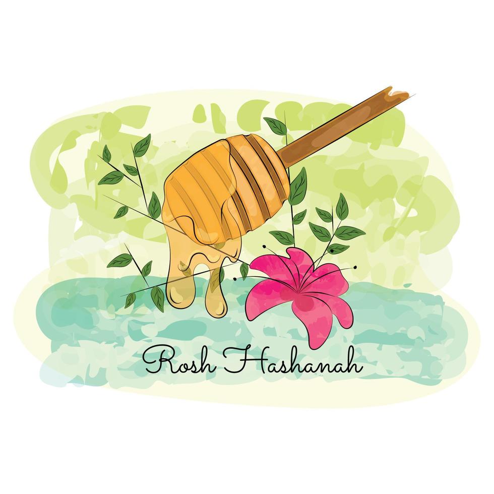 Colored honey stick with flowers and leaves Rosh Hashanah Vector illustration