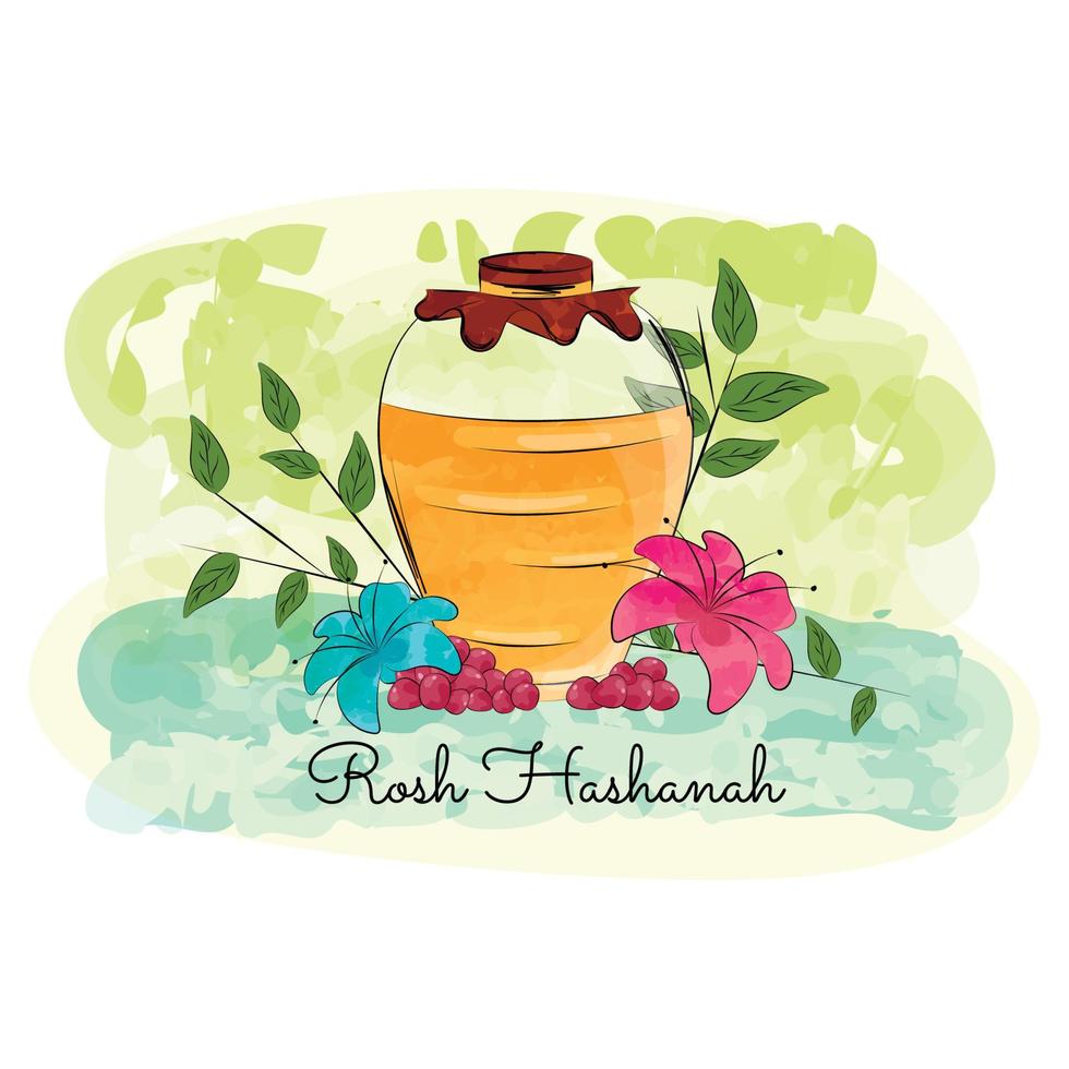 Colored honey jar with leaves and flowers Rosh Hashanah Vector illustration