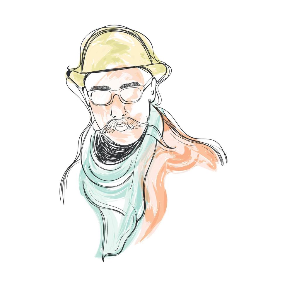 Isolated watercolor sketch of hipster with trendy hat Vector illustration