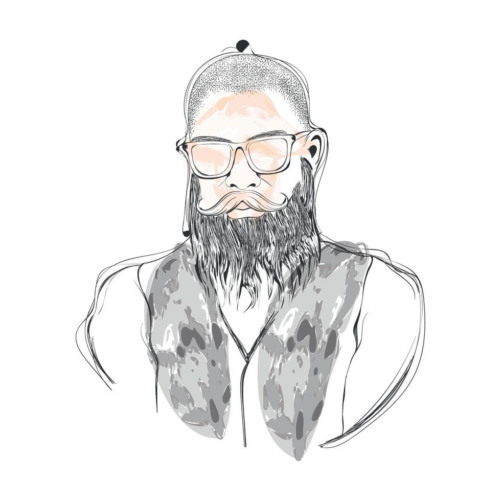 boceto aislado de acuarela de hipster con gafas y barba ilustración vectorial vector