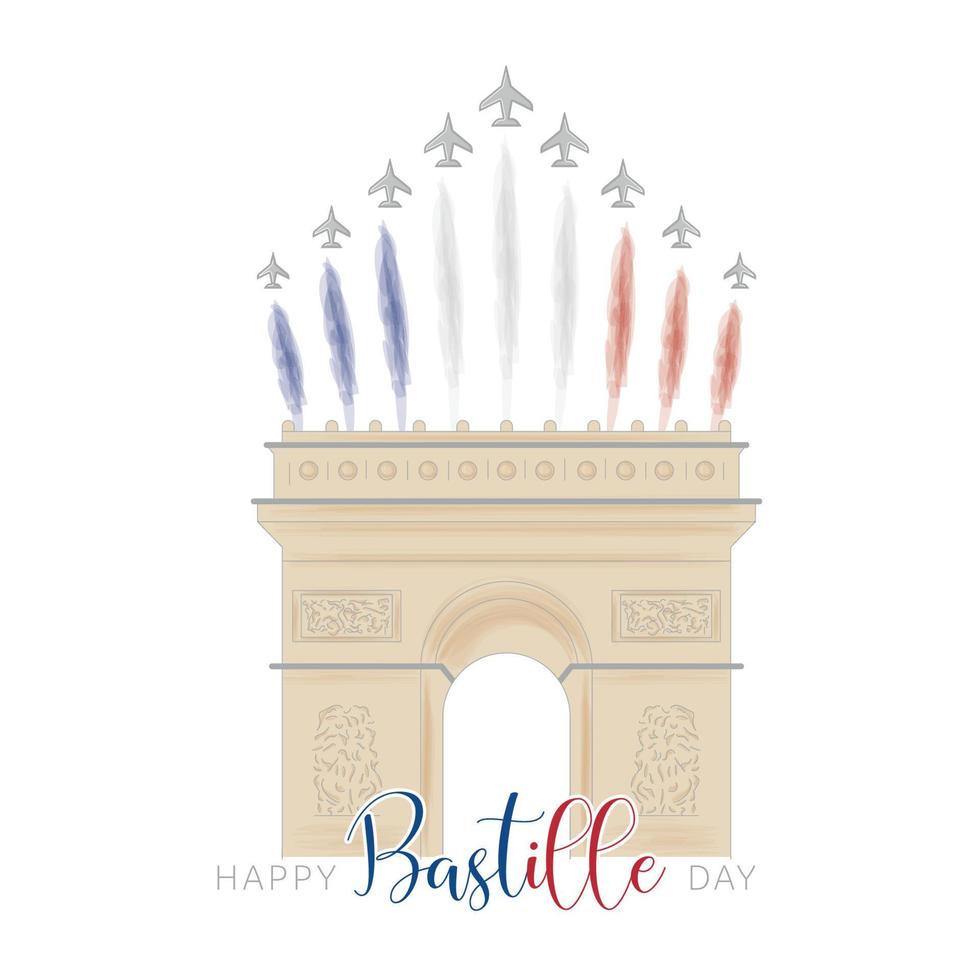 Triumphal arch building landmark with military airplanes Bastille day Vector illustration