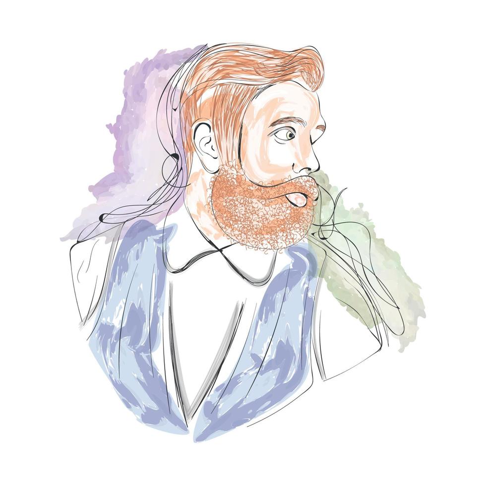 Isolated watercolor sketch of a hipster with mustache and a beard Vector illustration