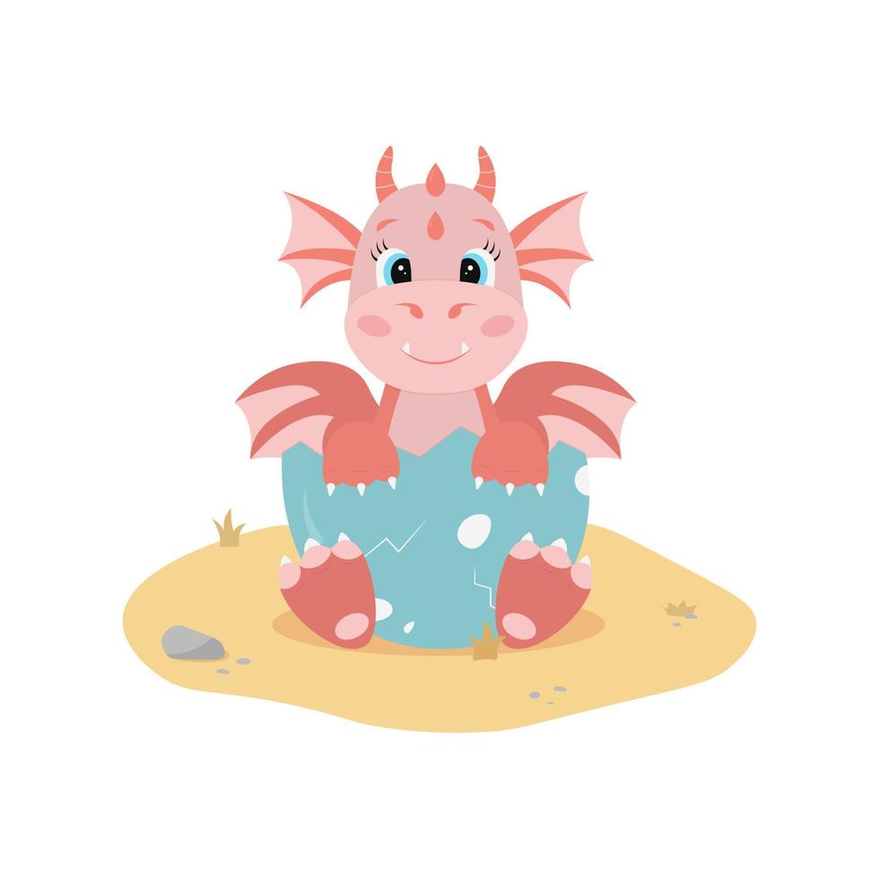 Red dragon in egg shell sitting on sand. Cute cartoon character in flat style. Vector illustration on white background.