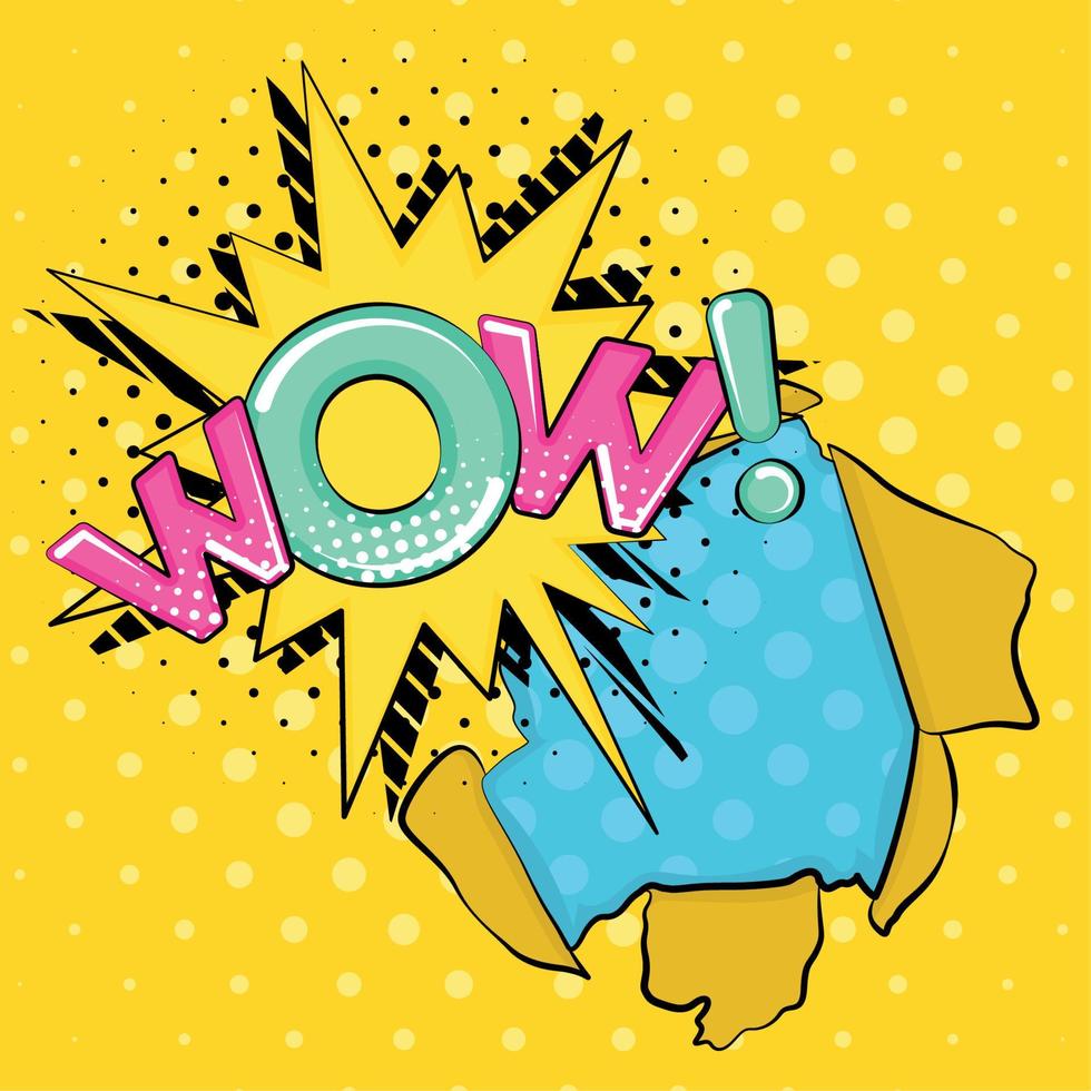 Comic wall breach with a wow expression coming out halftone Vector illustration